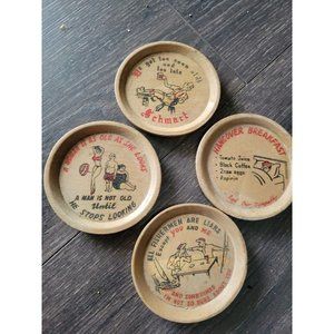 4pc wooden beer drink bar coasters funny jokes graphics 3.5 in  Japan vtg 1950s